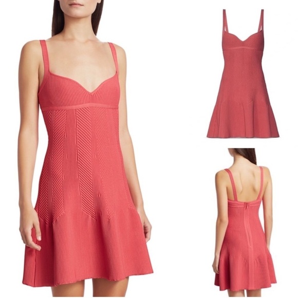 NWT Herve Leger Sweetheart Ribbed Fit Flare Dress Fluted Hem Pink Burnt  Rose S